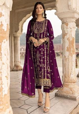 Purple Sequin Work Georgette Kurta Set