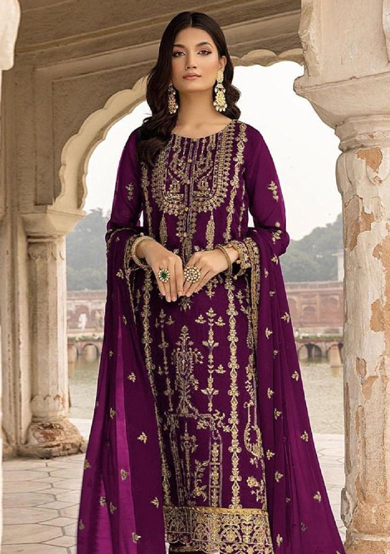 Purple Sequin Work Georgette Kurta Set - Indya