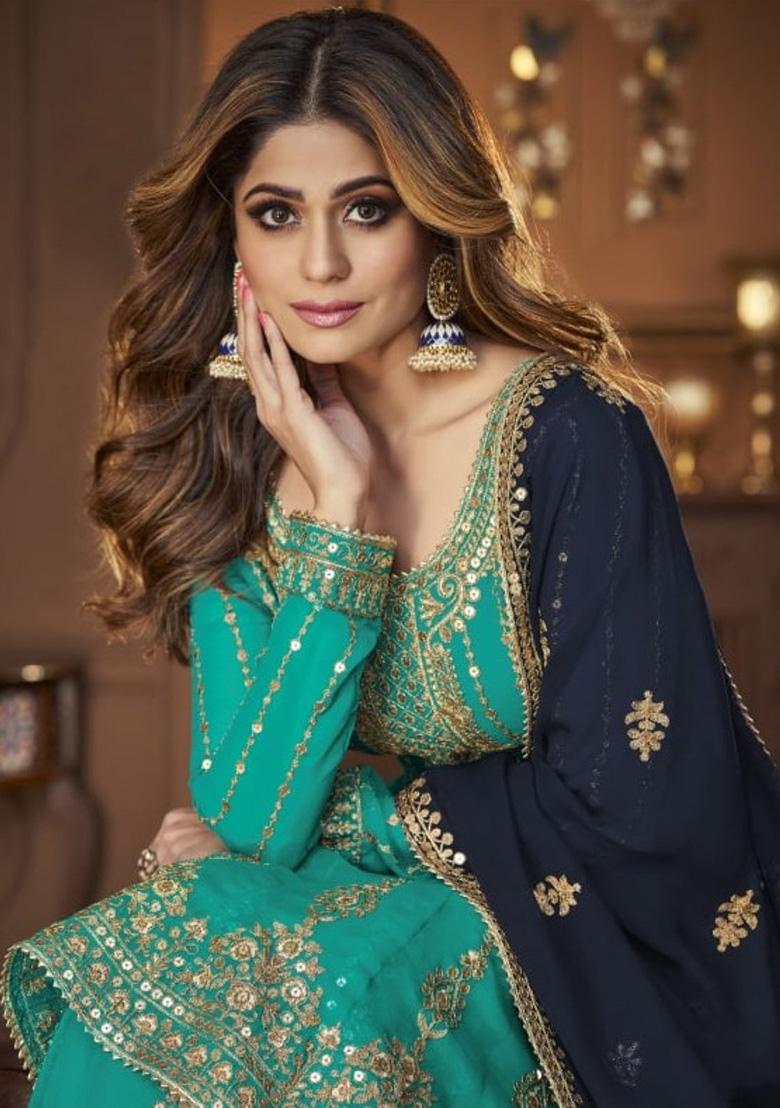 Blue Embroidered Georgette Salwar Kameez - Indya