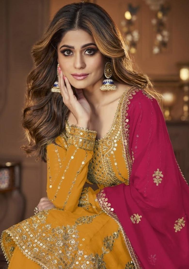 Yellow Embroidered Georgette Salwar Kameez - Indya