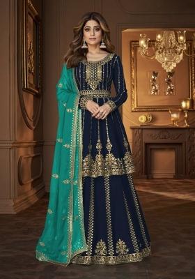 Navy Blue Embroidered Georgette Salwar Kameez