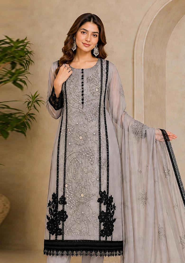 Grey Embroidered Organza Salwar Kameez - Indya