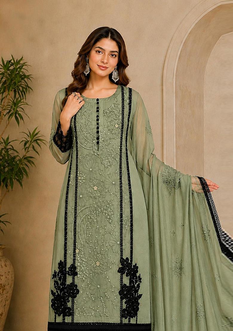 Mehendi Embroidered Organza Salwar Kameez - Indya