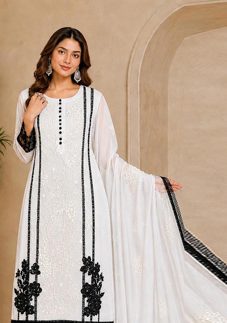 White Embroidered Organza Salwar Kameez - Indya