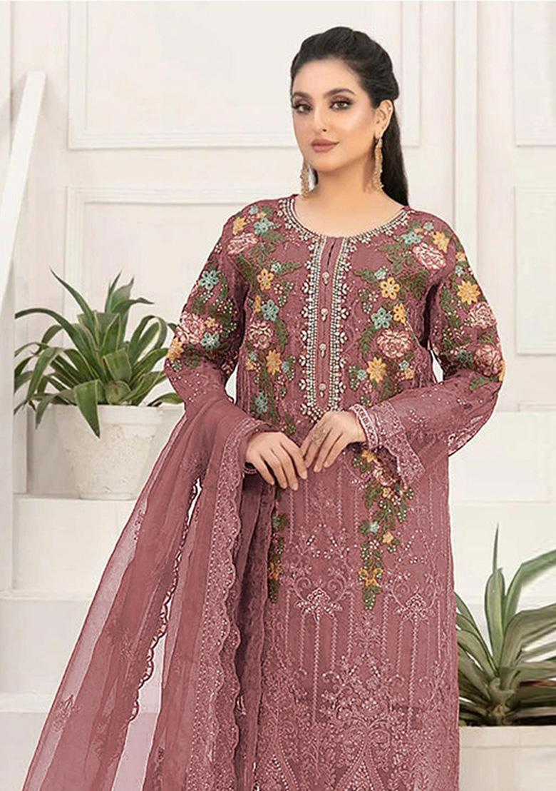 Purple Embroidered Silk Salwar Kameez - Indya