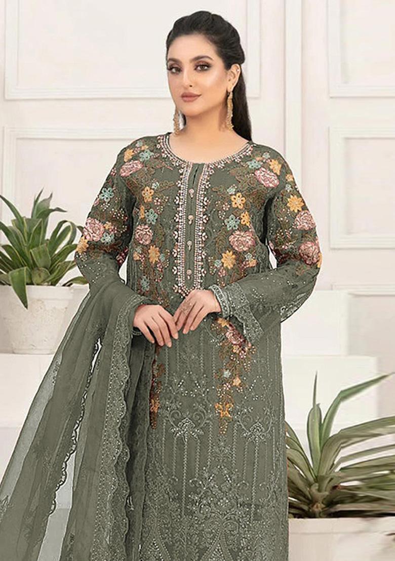 Mehendi Embroidered Silk Salwar Kameez - Indya