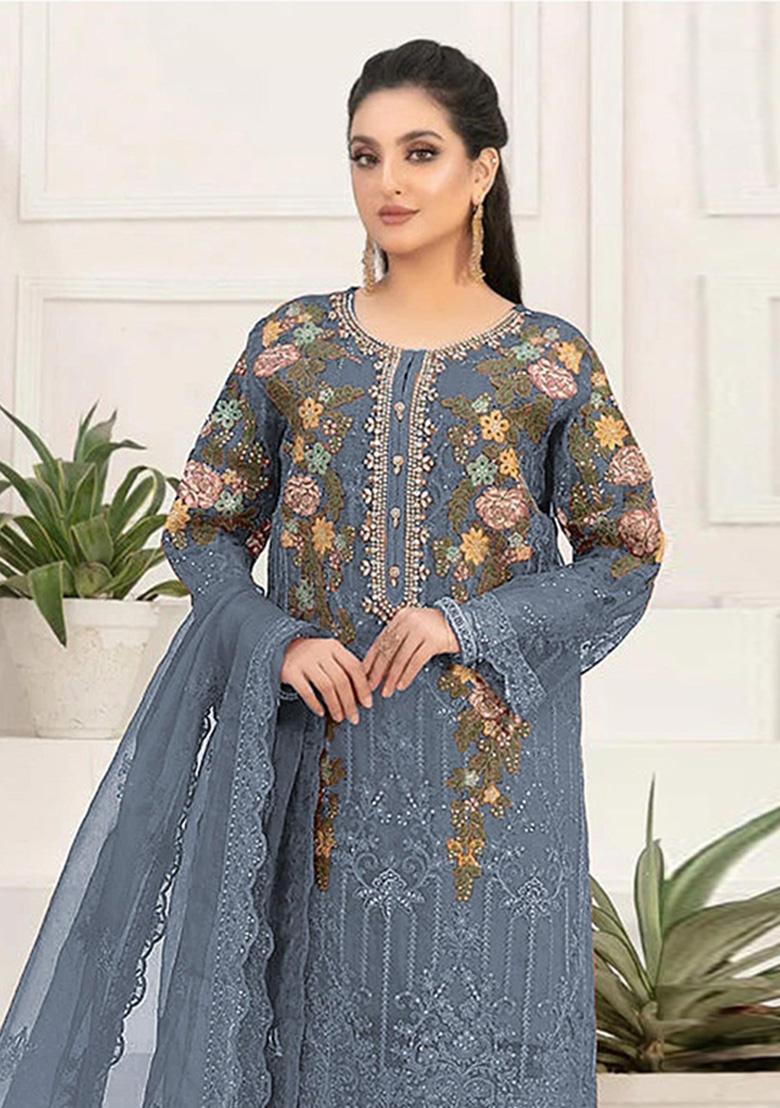 Blue Embroidered Silk Salwar Kameez - Indya