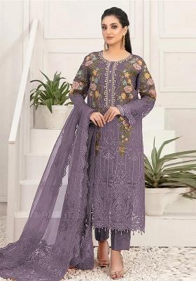 Dark Lavender Embroidered Silk Salwar Kameez