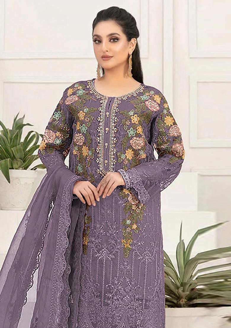 Dark Lavender Embroidered Silk Salwar Kameez - Indya