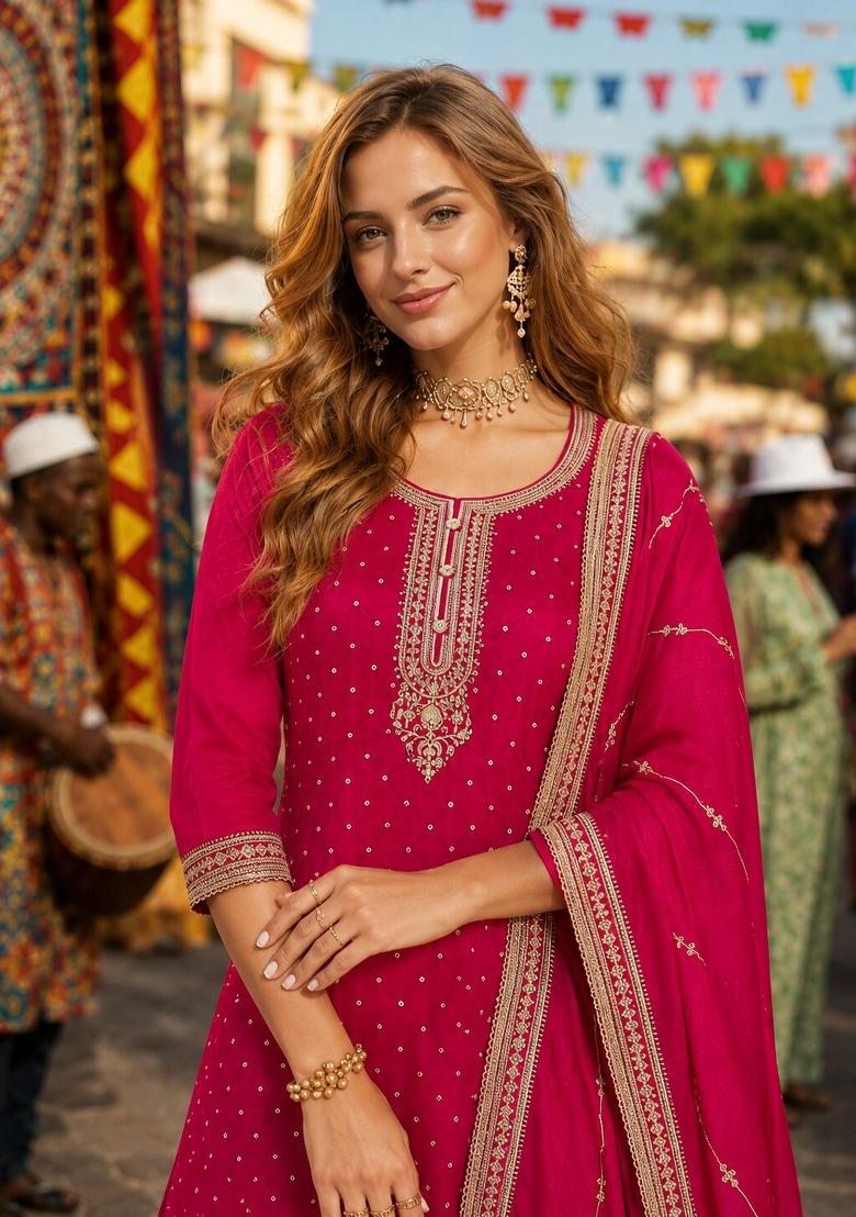 Red Embroidered Silk Kurta Set - Indya