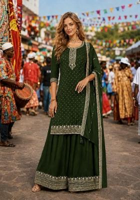 Dark Green Embroidered Silk Kurta Set