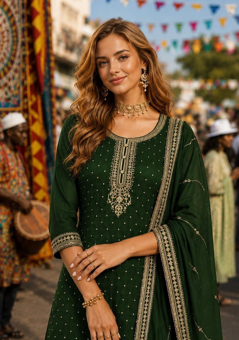 Dark Green Embroidered Silk Kurta Set - Indya