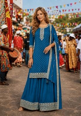 Blue Embroidered Silk Kurta Set