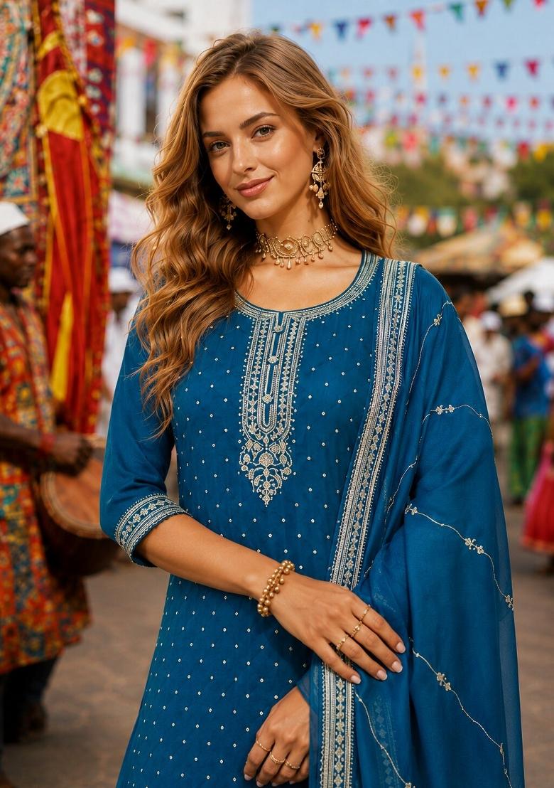 Blue Embroidered Silk Kurta Set - Indya