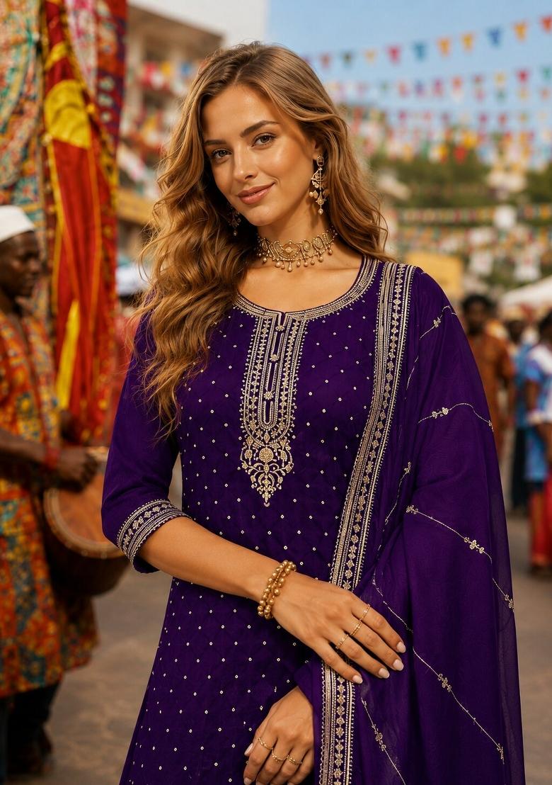 Violet Embroidered Silk Kurta Set - Indya