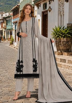 Grey Embroidered Organza Kurta Set