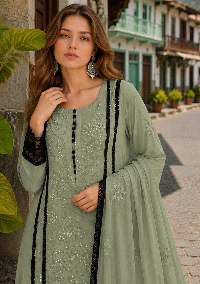 Mehendi Embroidered Organza Kurta Set - Indya