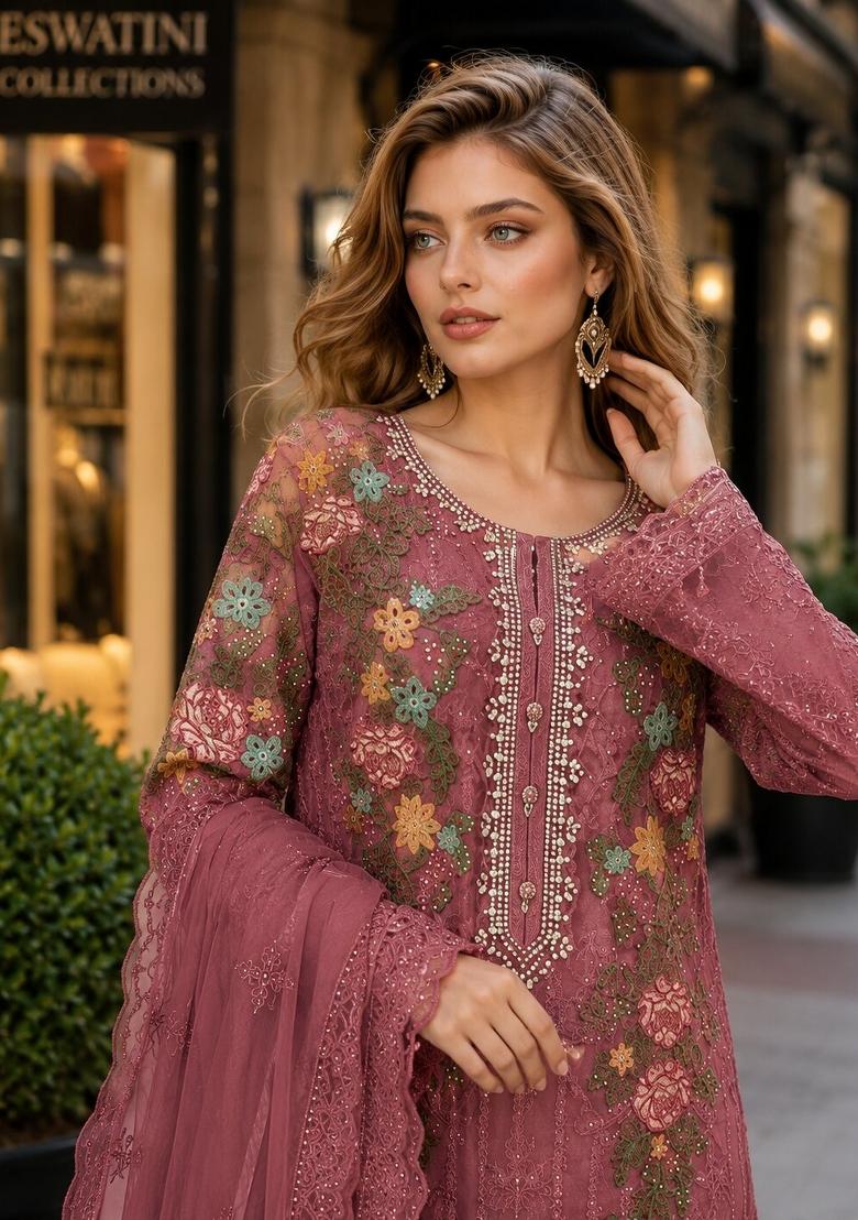 Purple Embroidered Silk Kurta Set - Indya