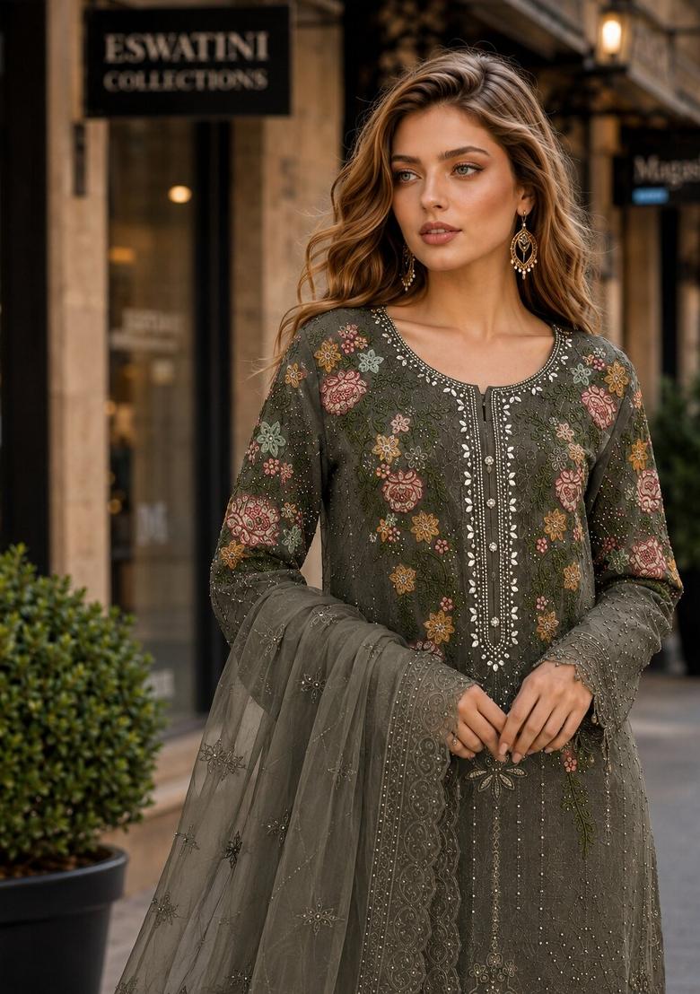Mehendi Embroidered Silk Kurta Set - Indya