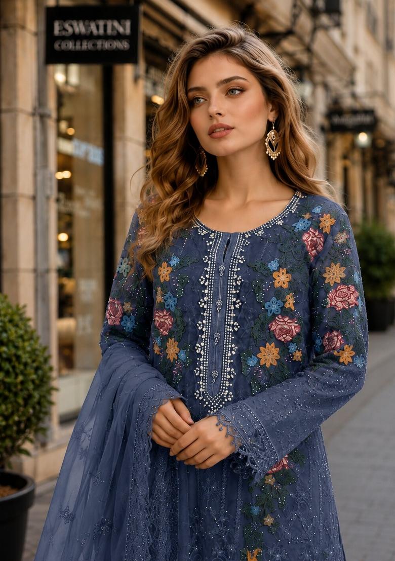 Blue Embroidered Silk Kurta Set - Indya