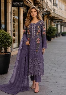Dark Lavender Embroidered Silk Kurta Set