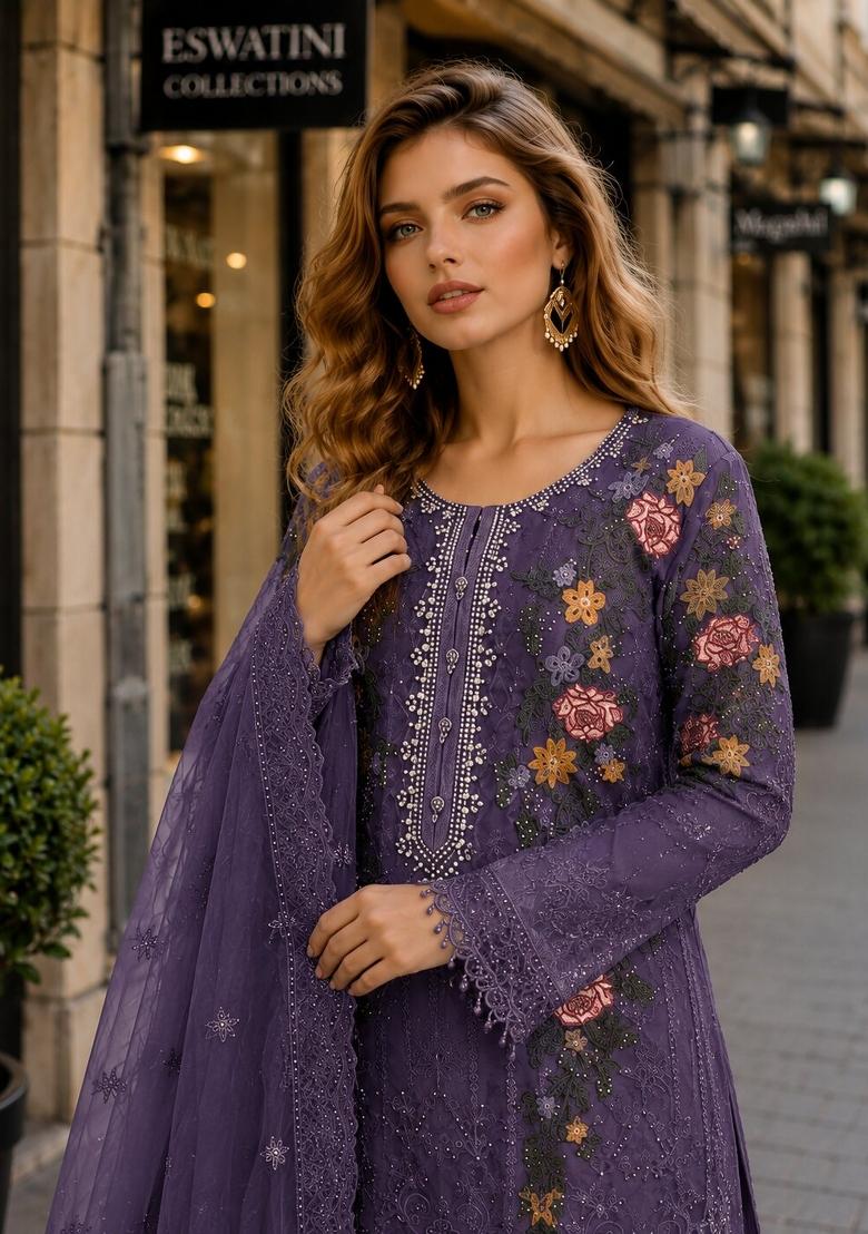 Dark Lavender Embroidered Silk Kurta Set - Indya