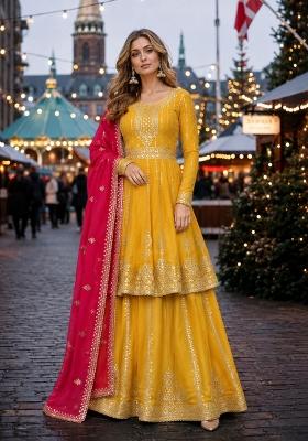 Yellow Embroidered Georgette Kurta Set