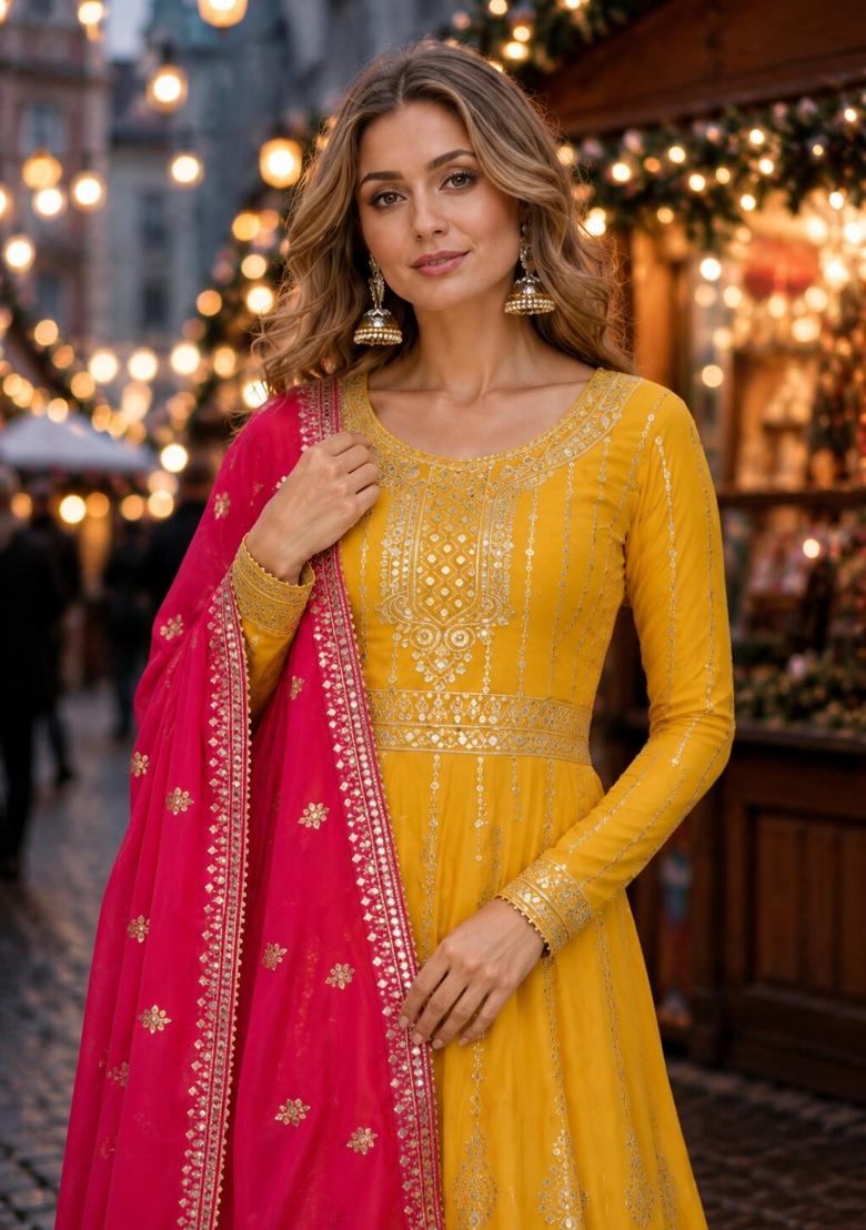 Yellow Embroidered Georgette Kurta Set - Indya