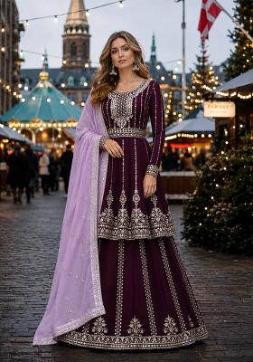 Purple Embroidered Georgette Kurta Set