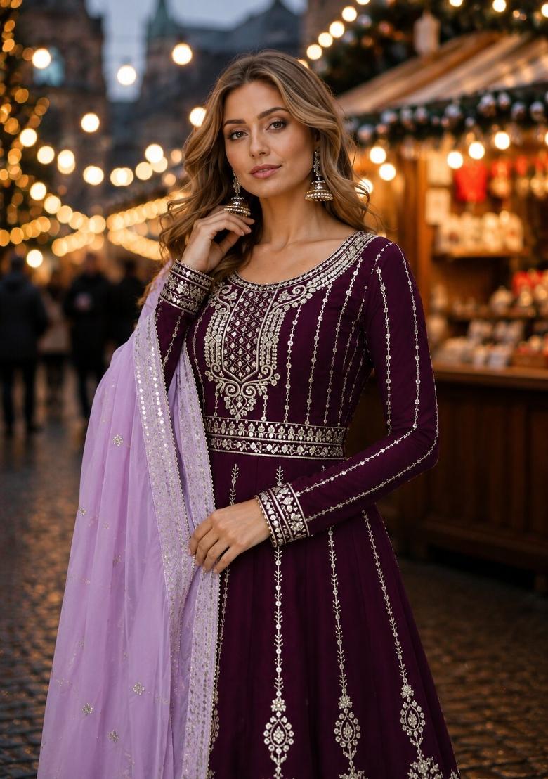 Purple Embroidered Georgette Kurta Set - Indya