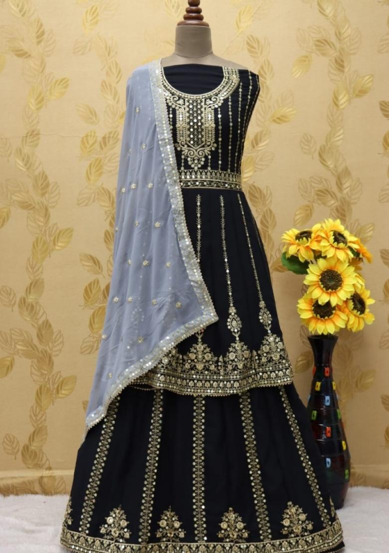 Black Embroidered Georgette Kurta Set - Indya
