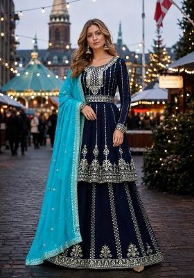 Navy Blue Embroidered Georgette Kurta Set