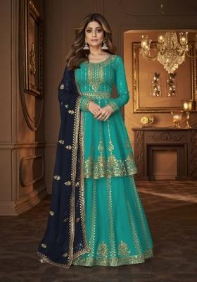 Blue Embroidered Georgette Kurta Set