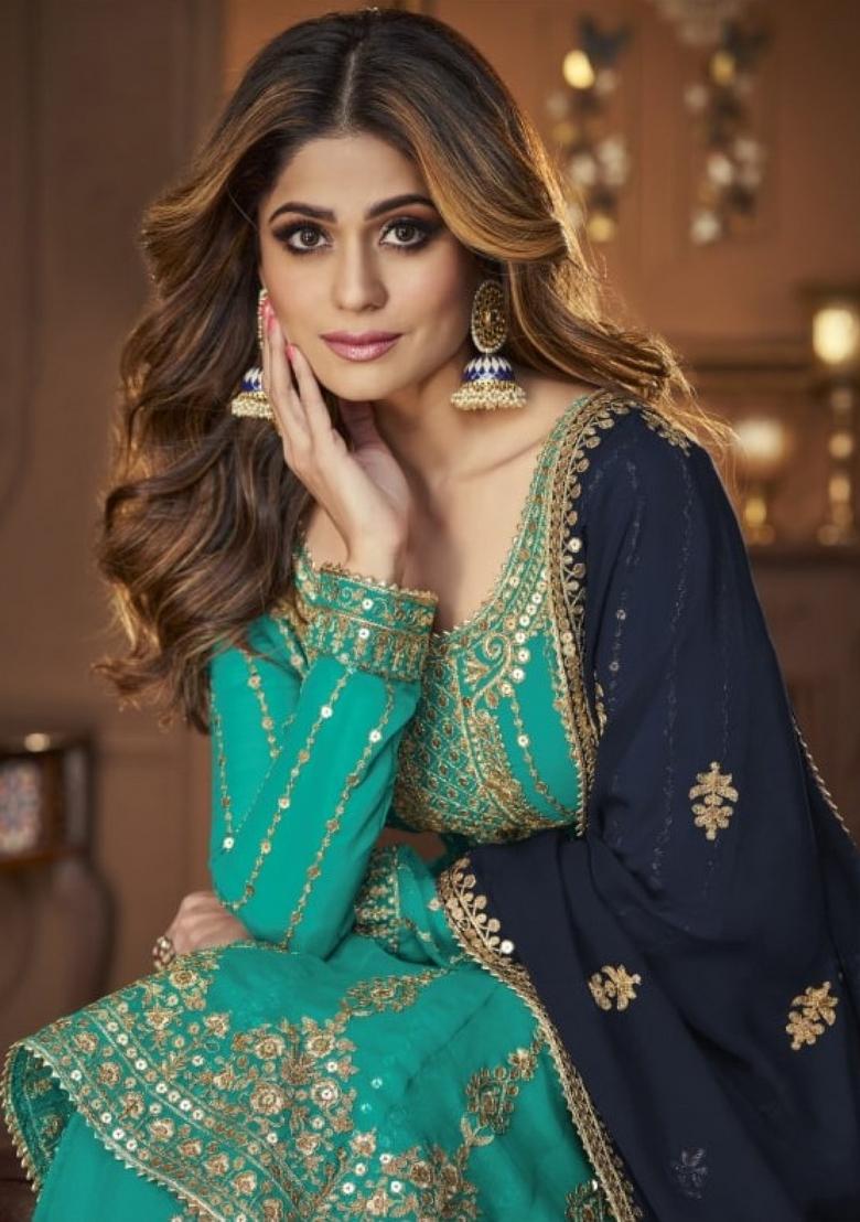Blue Embroidered Georgette Kurta Set - Indya