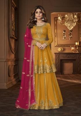 Yellow Embroidered Georgette Kurta Set