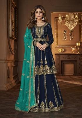 Navy Blue Embroidered Georgette Kurta Set