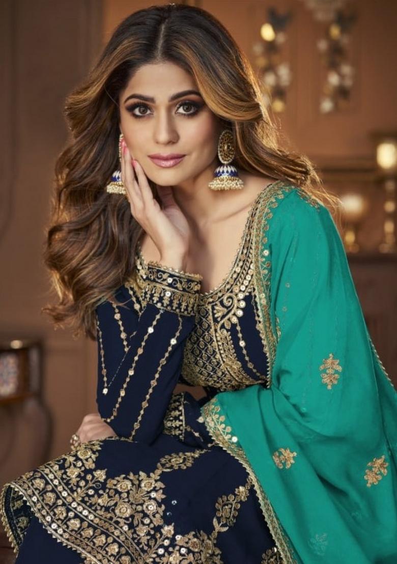 Navy Blue Embroidered Georgette Kurta Set - Indya