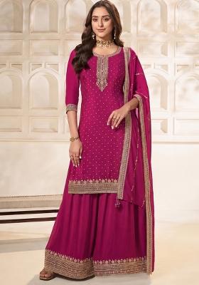 Red Solid Silk Blend Kurta Set