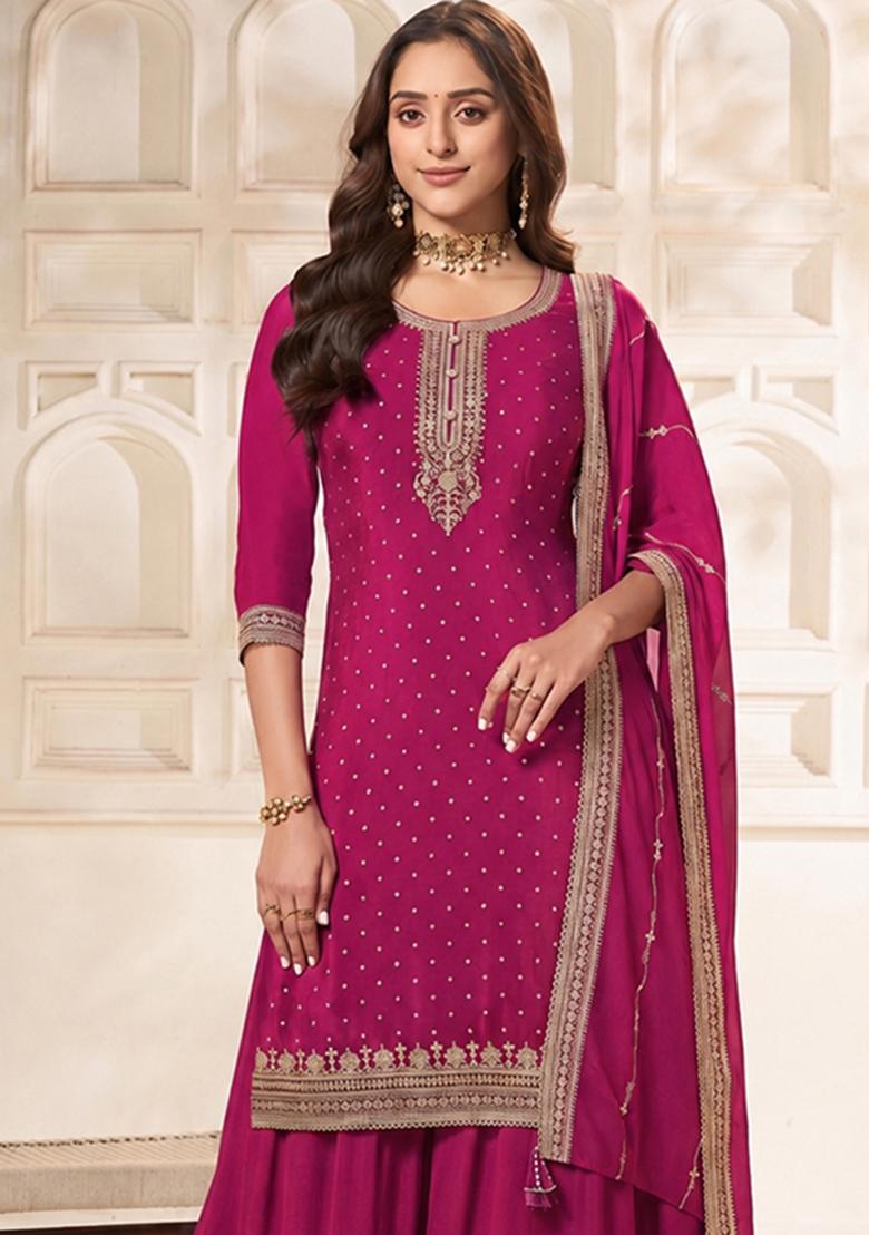 Red Solid Silk Blend Kurta Set - Indya