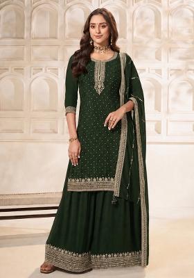 Dark Green Solid Silk Blend Kurta Set