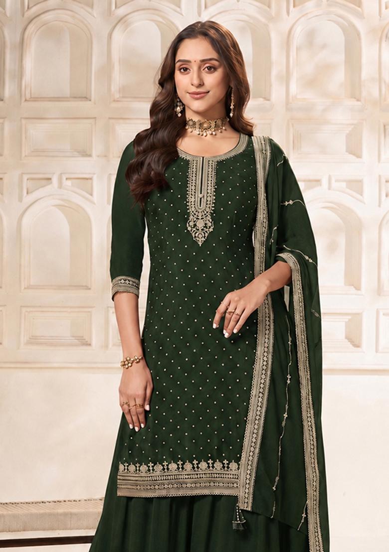 Dark Green Solid Silk Blend Kurta Set - Indya