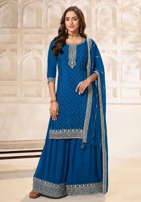 Blue Solid Silk Blend Kurta Set