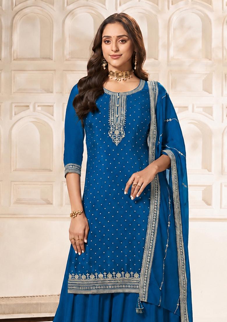 Blue Solid Silk Blend Kurta Set - Indya