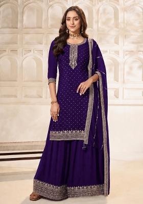 Violet Solid Silk Blend Kurta Set