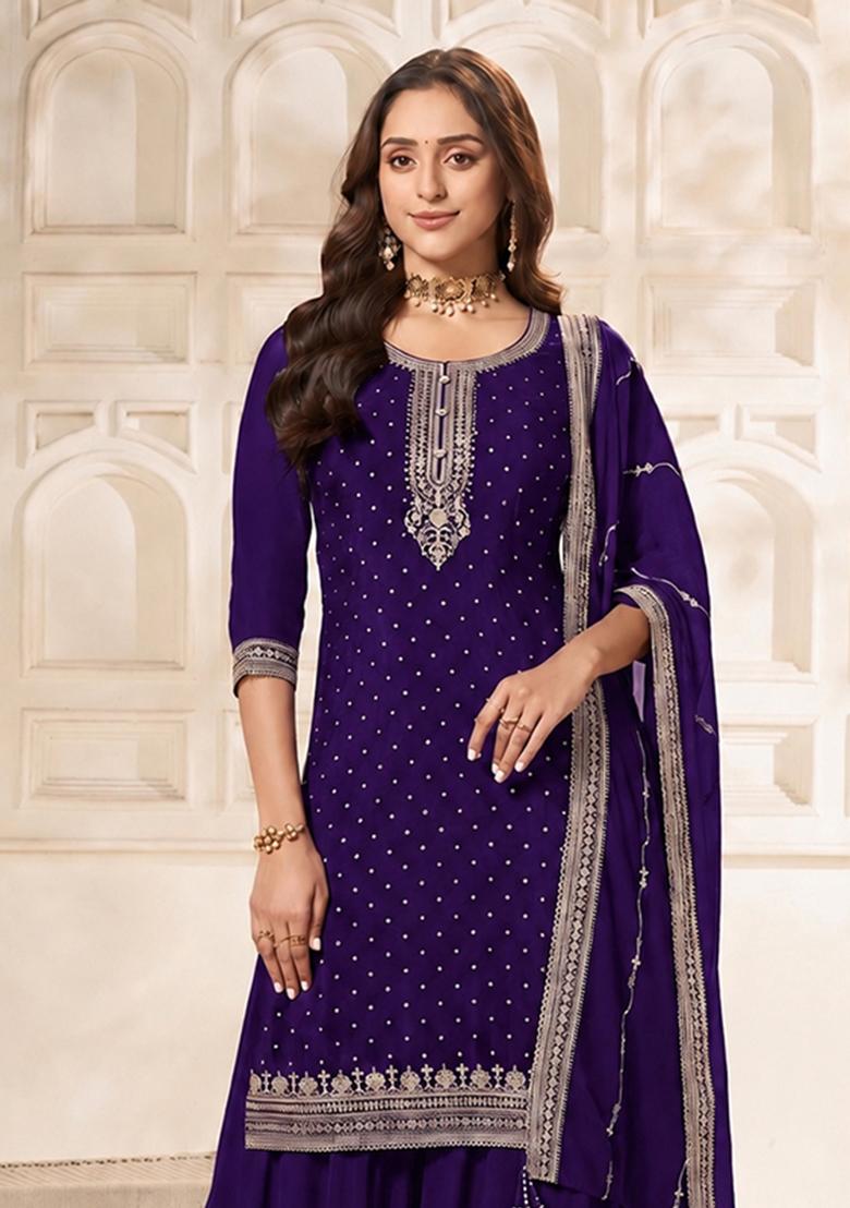 Violet Solid Silk Blend Kurta Set - Indya