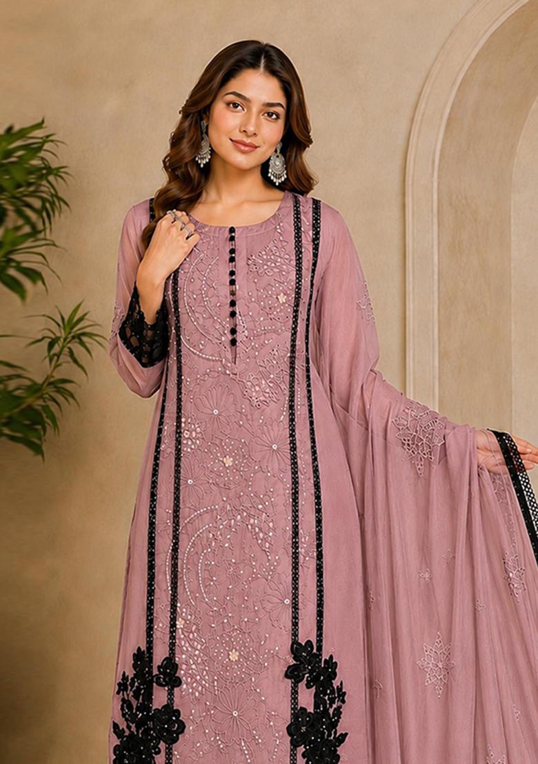 Purple Embroidered Orgnaza Kurta Set - Indya