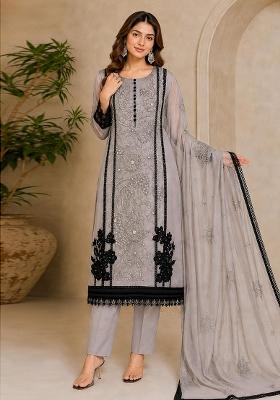 Grey Embroidered Orgnaza Kurta Set