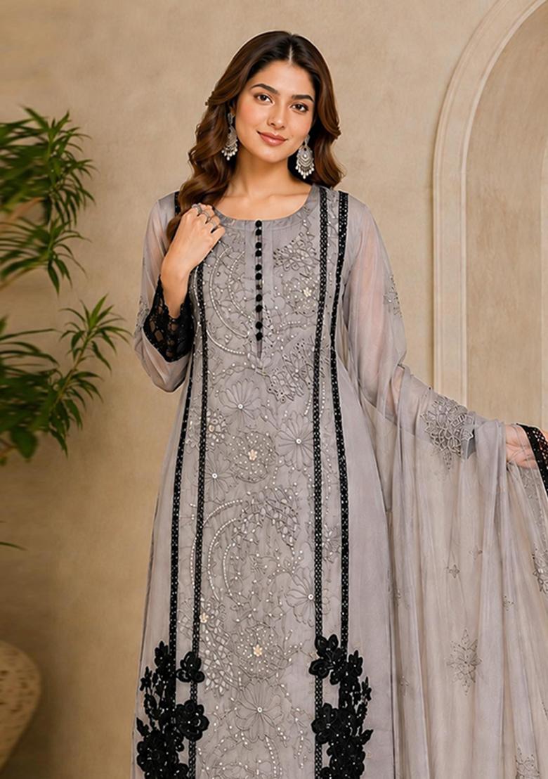 Grey Embroidered Orgnaza Kurta Set - Indya