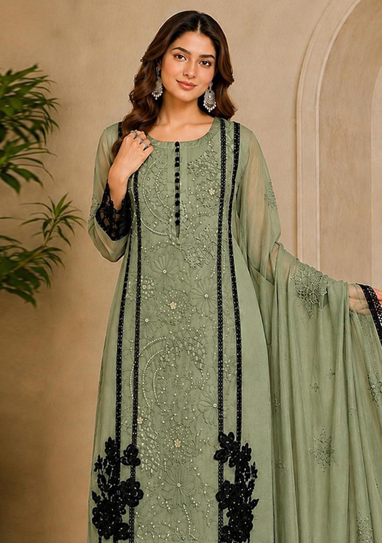 Mehendi Green Embroidered Orgnaza Kurta Set - Indya