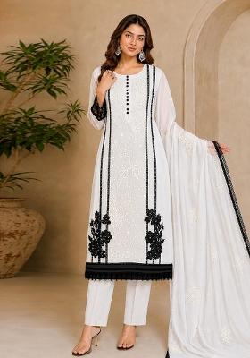 White Embroidered Orgnaza Kurta Set